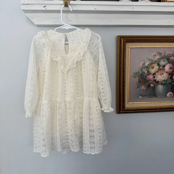 Zara Kids Girls Lace Dress White Ruffle Collar Long Sleeve Tiered Size 4-5 - Picture 2 of 3